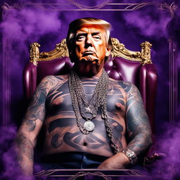 Ultimate Soundcloud trapper Donald Trump with full-body tattoos and dripping in chains on a purple album cover surrounded by cigar smoke