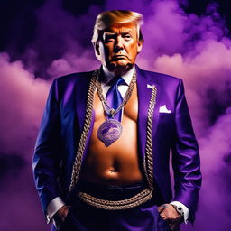 Ultimate Soundcloud trapper Donald Trump with full-body tattoos and dripping in chains on a purple album cover surrounded by cigar smoke