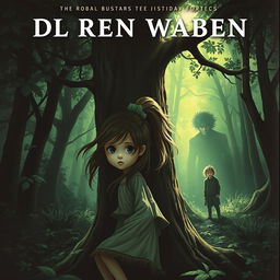 A tense and atmospheric book cover depicting a young girl with long flowing hair, wearing a tattered dress, hiding behind a large tree in a dark, overgrown forest