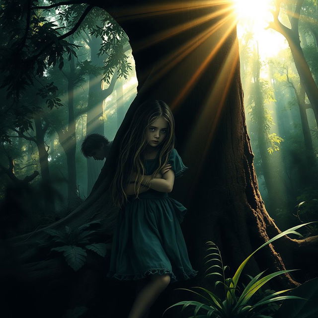 A tense and atmospheric book cover depicting a young girl with long flowing hair, wearing a tattered dress, hiding behind a large tree in a dark, overgrown forest