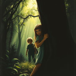 A tense and atmospheric book cover depicting a young girl with long flowing hair, wearing a tattered dress, hiding behind a large tree in a dark, overgrown forest
