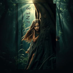 A tense and atmospheric book cover depicting a young girl with long flowing hair, wearing a tattered dress, hiding behind a large tree in a dark, overgrown forest