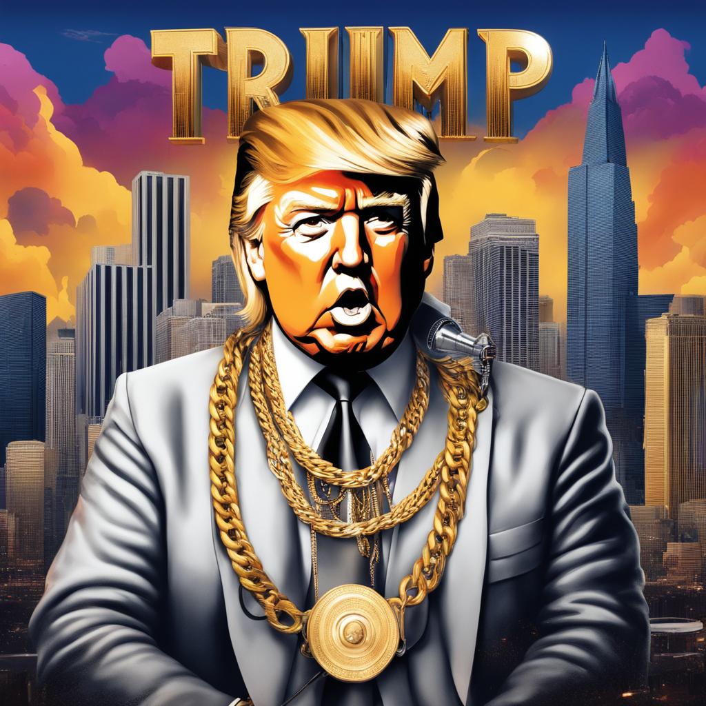 Digital art of Donald Trump as a SoundCloud trapper, dripped out in chains and riches, with face tattoos on an album cover, dressed in streetwear, holding a gold-plated microphone against a trippy urban cityscape backdrop