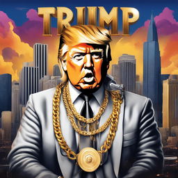 Digital art of Donald Trump as a SoundCloud trapper, dripped out in chains and riches, with face tattoos on an album cover, dressed in streetwear, holding a gold-plated microphone against a trippy urban cityscape backdrop