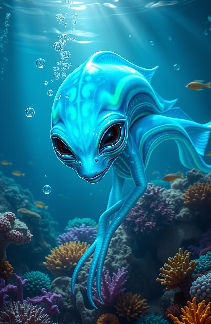 An exotic ocean alien, featuring vibrant blue and teal skin that glistens under water, with bioluminescent markings that pulse gently