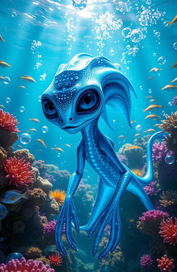 An exotic ocean alien, featuring vibrant blue and teal skin that glistens under water, with bioluminescent markings that pulse gently