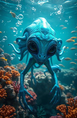 An exotic ocean alien, featuring vibrant blue and teal skin that glistens under water, with bioluminescent markings that pulse gently