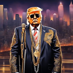 Digital art of Donald Trump as a SoundCloud trapper, dripped out in chains and riches, with face tattoos on an album cover, dressed in streetwear, holding a gold-plated microphone against a trippy urban cityscape backdrop