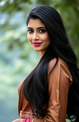A portrait of Pushpa Karki, a captivating and elegant woman with striking features