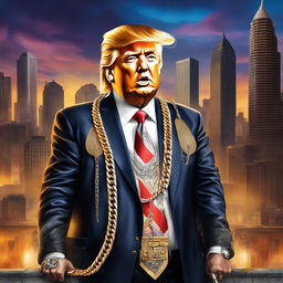 Digital art of Donald Trump as a SoundCloud trapper, dripped out in chains and riches, with face tattoos on an album cover, dressed in streetwear, holding a gold-plated microphone against a trippy urban cityscape backdrop