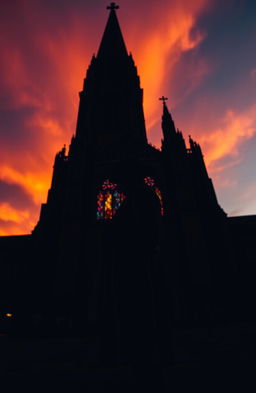 A striking silhouette of a man standing confidently in front of a grand church, the church's gothic architecture towering above him