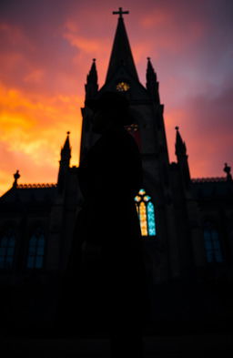 A striking silhouette of a man standing confidently in front of a grand church, the church's gothic architecture towering above him