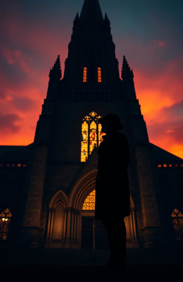 A striking silhouette of a man standing confidently in front of a grand church, the church's gothic architecture towering above him