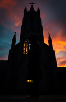 A striking silhouette of a man standing confidently in front of a grand church, the church's gothic architecture towering above him