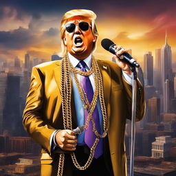 Digital art of Donald Trump as a SoundCloud trapper, dripped out in chains and riches, with face tattoos on an album cover, dressed in streetwear, holding a gold-plated microphone against a trippy urban cityscape backdrop