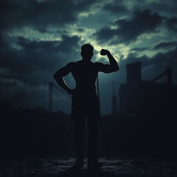 A powerful silhouette of a man standing in a strong pose, adorned with heavy chains that drape across his body, creating an imposing image