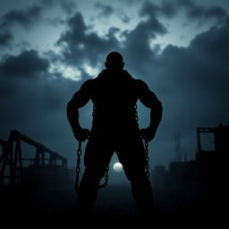 A powerful silhouette of a man standing in a strong pose, adorned with heavy chains that drape across his body, creating an imposing image