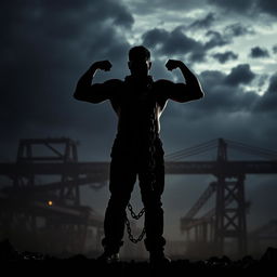 A powerful silhouette of a man standing in a strong pose, adorned with heavy chains that drape across his body, creating an imposing image