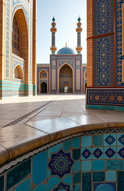 A vibrant scene showcasing intricate Persian turquoise tiles and traditional Persian tiling patterns, set against the backdrop of the stunning historical architecture in Mashhad city, Iran