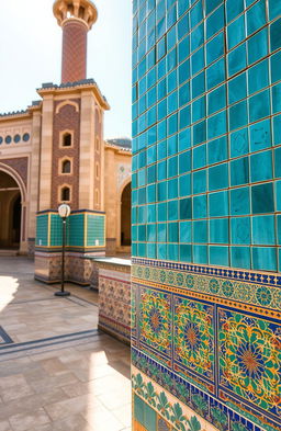 A vibrant scene showcasing intricate Persian turquoise tiles and traditional Persian tiling patterns, set against the backdrop of the stunning historical architecture in Mashhad city, Iran