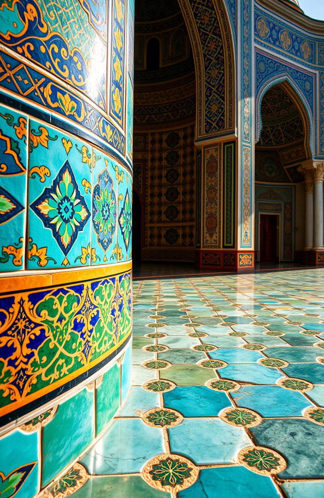 A vibrant scene showcasing intricate Persian turquoise tiles and traditional Persian tiling patterns, set against the backdrop of the stunning historical architecture in Mashhad city, Iran