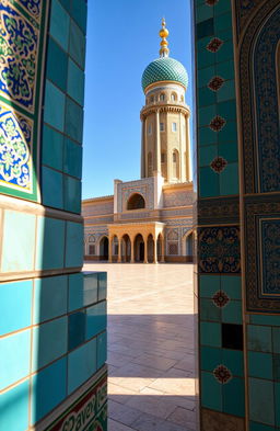 A vibrant scene showcasing intricate Persian turquoise tiles and traditional Persian tiling patterns, set against the backdrop of the stunning historical architecture in Mashhad city, Iran