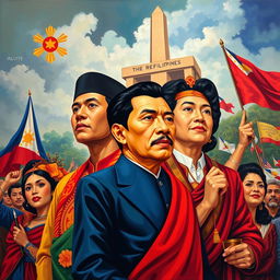 A vibrant and historical representation of the Filipino reform movement through art, showcasing key figures such as José Rizal and other reformists
