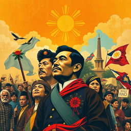 A vibrant and historical representation of the Filipino reform movement through art, showcasing key figures such as José Rizal and other reformists