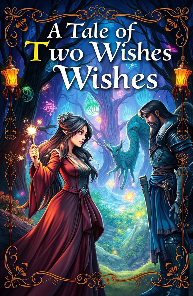 A captivating fantasy book cover illustrating a tale of two lovers separated for 8 years, with magical elements and enchanting scenery