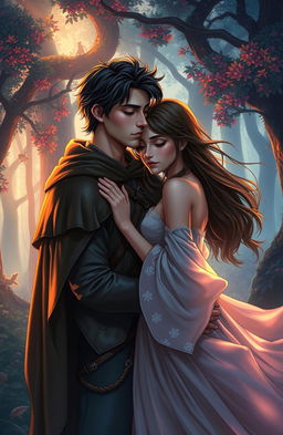 A scene from a fantasy novel titled 'A Tale of Two Wishes', depicting a romantic couple who have been separated for 8 years