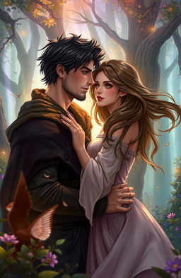A scene from a fantasy novel titled 'A Tale of Two Wishes', depicting a romantic couple who have been separated for 8 years
