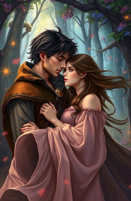 A scene from a fantasy novel titled 'A Tale of Two Wishes', depicting a romantic couple who have been separated for 8 years