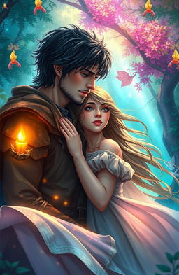A scene from a fantasy novel titled 'A Tale of Two Wishes', depicting a romantic couple who have been separated for 8 years