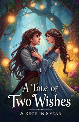 A fantasy book cover illustration for 'A Tale of Two Wishes', depicting a romantic scene between a couple who have been separated for 8 years