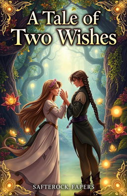 A fantasy book cover illustration for 'A Tale of Two Wishes', depicting a romantic scene between a couple who have been separated for 8 years