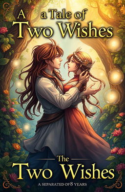 A fantasy book cover illustration for 'A Tale of Two Wishes', depicting a romantic scene between a couple who have been separated for 8 years