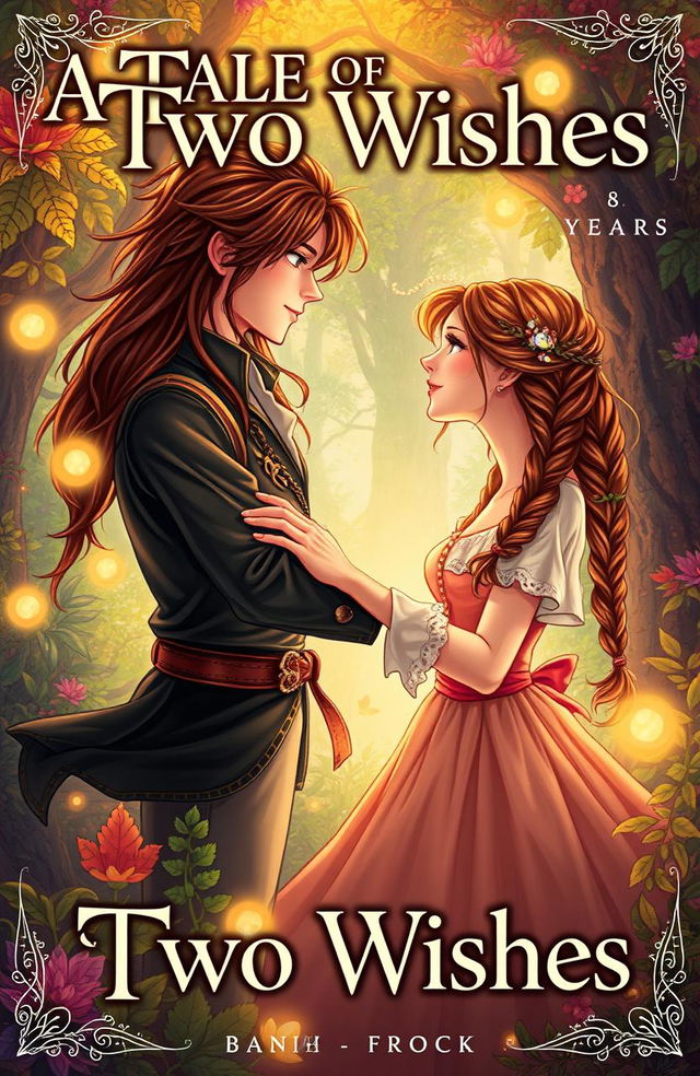 A fantasy book cover illustration for 'A Tale of Two Wishes', depicting a romantic scene between a couple who have been separated for 8 years