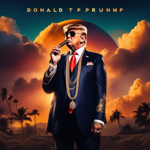 Soundcloud rapper Donald Trump on an album cover with full body tattoos, smoking a cigar, draped in jewellery and chains against a sunset gradient background