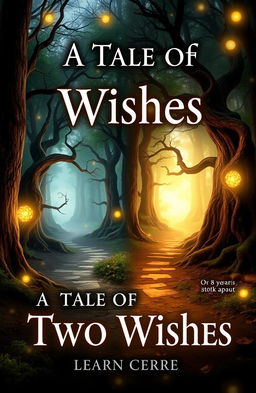 A fantasy book cover titled 'A Tale of Two Wishes' featuring an enchanting forest landscape that symbolizes separation and longing