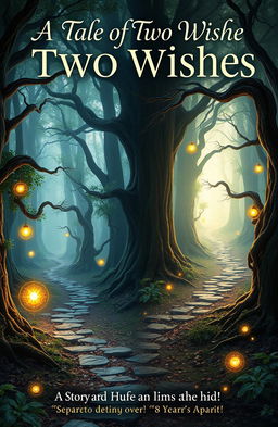 A fantasy book cover titled 'A Tale of Two Wishes' featuring an enchanting forest landscape that symbolizes separation and longing