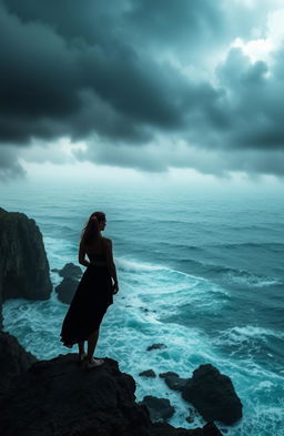 A stunning silhouette of a woman with her back to the viewer, standing majestically on a rugged cliff