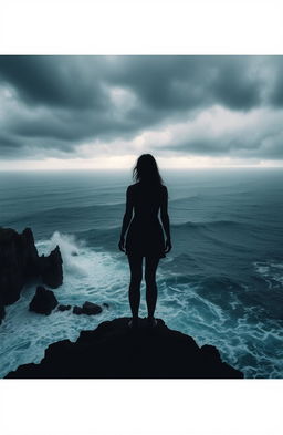 A stunning silhouette of a woman with her back to the viewer, standing majestically on a rugged cliff