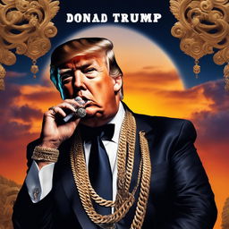 Soundcloud rapper Donald Trump on an album cover with full body tattoos, smoking a cigar, draped in jewellery and chains against a sunset gradient background