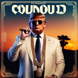 Soundcloud rapper Donald Trump on an album cover with full body tattoos, smoking a cigar, draped in jewellery and chains against a sunset gradient background