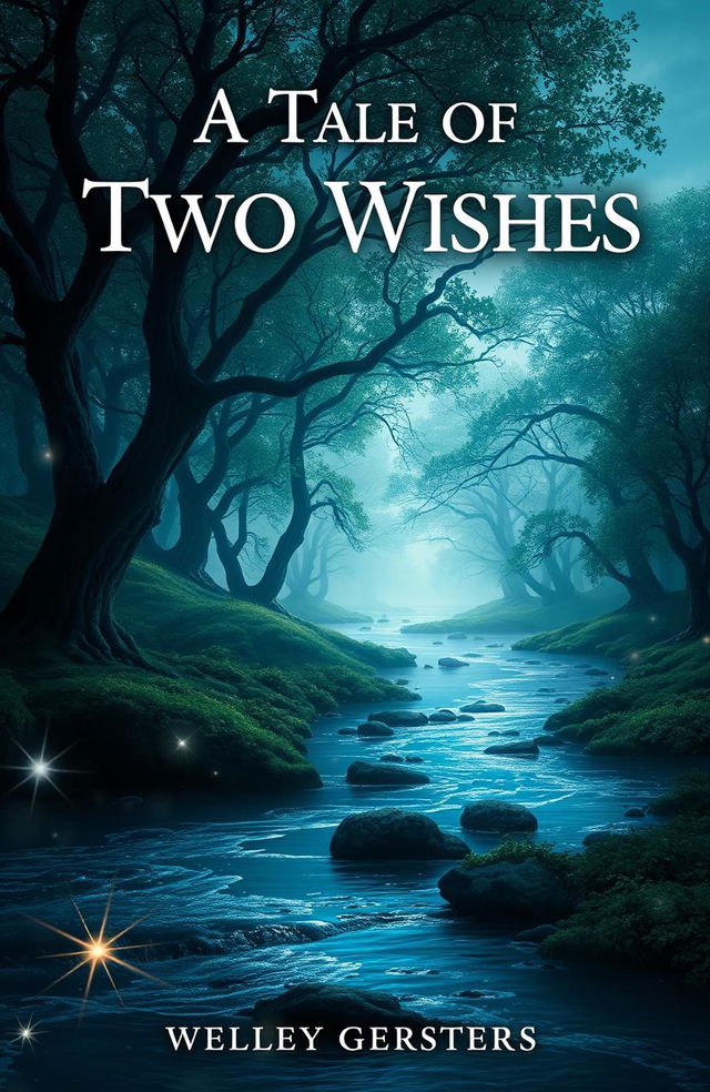 A mystical fantasy book cover titled 'A Tale of Two Wishes' featuring an enchanting landscape that visually expresses the theme of love and separation