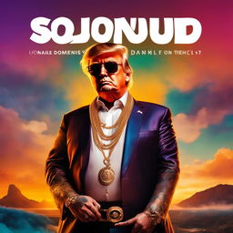 Soundcloud rapper Donald Trump on an album cover with full body tattoos, smoking a cigar, draped in jewellery and chains against a sunset gradient background