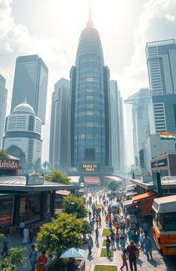 A futuristic representation of India as a hub of innovation and technology, showcasing modern skyscrapers intermingled with traditional architecture, bustling streets filled with diverse people engaging with advanced technology, vibrant culture displayed through colorful markets and festivals, greenery and clean environment, into a bright sky suggesting progress and hope, conveying the spirit of 'Make in India'
