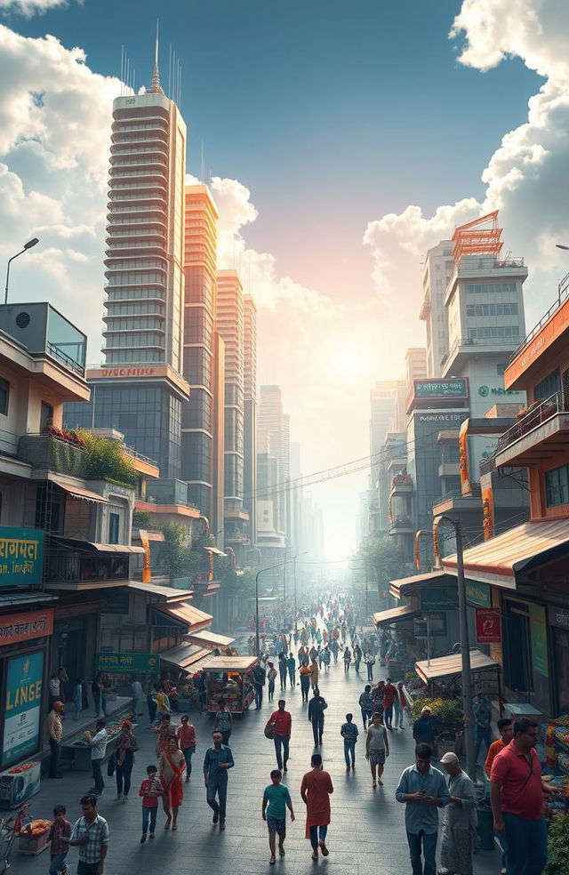 A futuristic representation of India as a hub of innovation and technology, showcasing modern skyscrapers intermingled with traditional architecture, bustling streets filled with diverse people engaging with advanced technology, vibrant culture displayed through colorful markets and festivals, greenery and clean environment, into a bright sky suggesting progress and hope, conveying the spirit of 'Make in India'