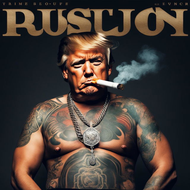 Shirtless Soundcloud rapper Donald Trump with full-body tattoos and flashy jewellery on a moody album cover, holding a smoking cigar