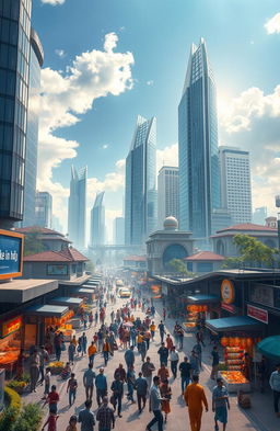 A futuristic representation of India as a hub of innovation and technology, showcasing modern skyscrapers intermingled with traditional architecture, bustling streets filled with diverse people engaging with advanced technology, vibrant culture displayed through colorful markets and festivals, greenery and clean environment, into a bright sky suggesting progress and hope, conveying the spirit of 'Make in India'
